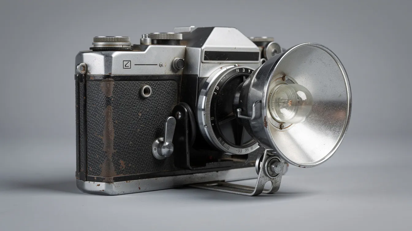 En vintage kamera från 1960-talet med ett metallhölje, utrustad med en extern blixtlampa. Kameran har en klassisk design och ger en känsla av nostalgi.