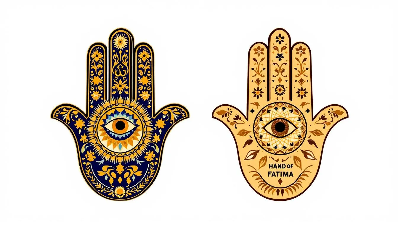 The image depicts the Hamsa hand, a symbol commonly associated with protection and good fortune, featuring five fingers that represent the five senses. This decorative element is significant in both Jewish and Islamic cultures, often used as an amulet to ward off the evil eye and bring peace and prosperity.