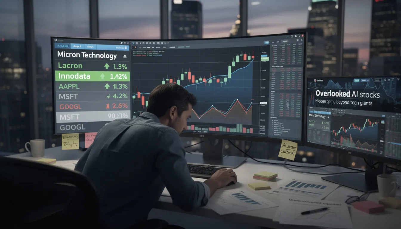 The image illustrates the concept of overlooked AI stocks, specifically highlighting Micron Technology, which produces memory chips crucial for data storage in AI data centers. The visual emphasizes the potential for significant gains in the stock market by investing in these hidden gems, contrasting them with the more prominent tech giants.