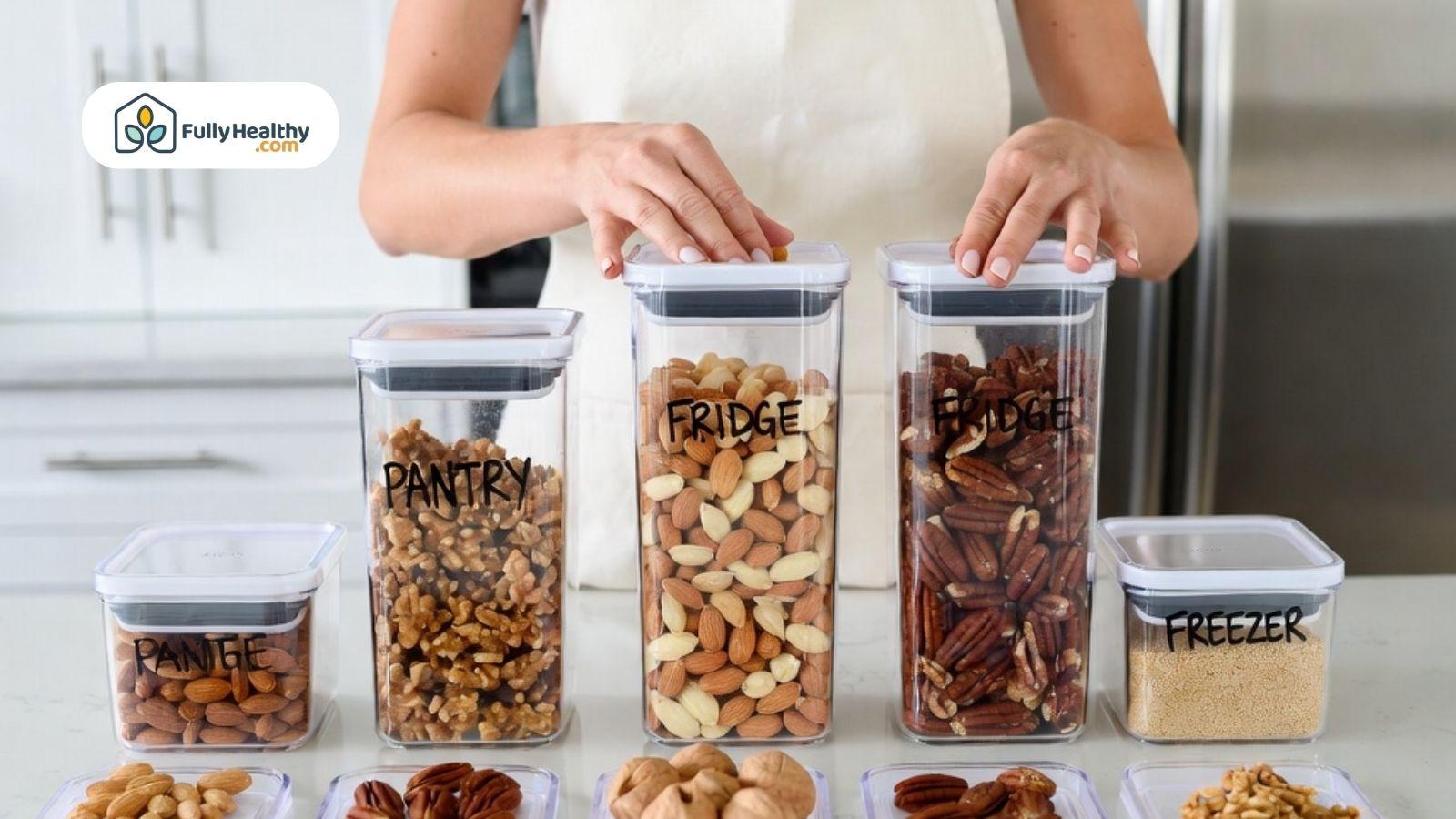 Clear containers labeled pantry, fridge, and freezer with different types of nuts inside.