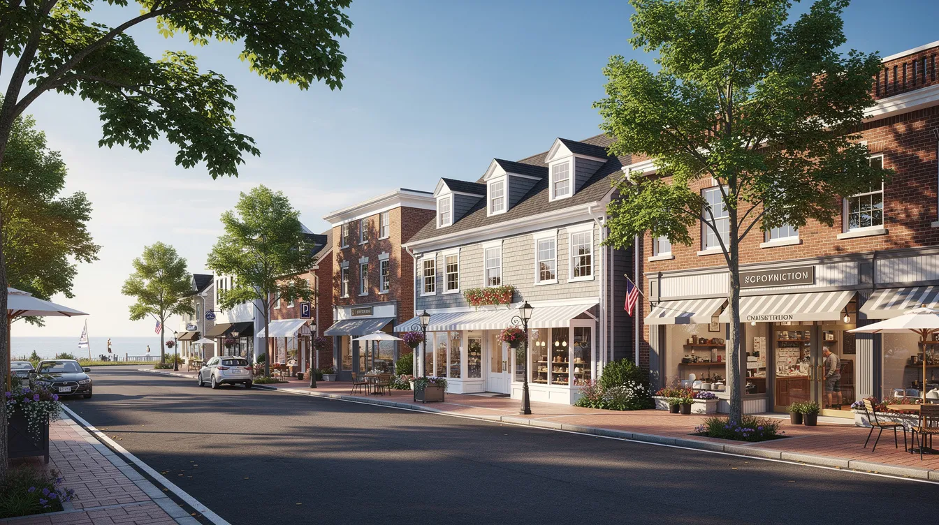 The image depicts a charming coastal town center in Connecticut, featuring small shops and restaurants along tree-lined streets, all basking in the warm sunlight of summer. This vibrant scene showcases the local towns' appeal, making it a great place for families and friends to explore and enjoy the New England atmosphere.