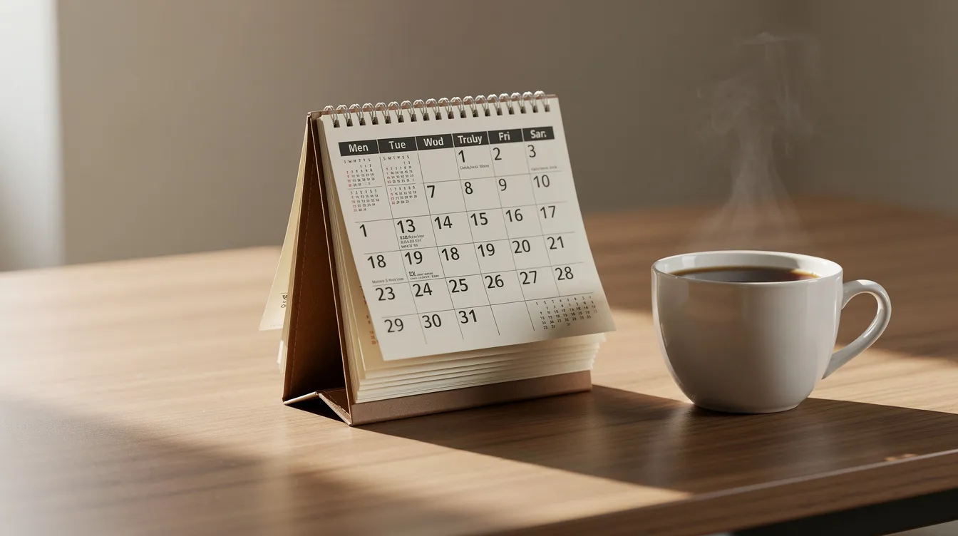 The image shows a calendar on a desk displaying several months, accompanied by a coffee cup, suggesting a workspace where someone might plan their online gambling activities or consider self-exclusion options for responsible gaming. The scene evokes a sense of organization and reflection, possibly related to managing gambling habits and legal responsibilities.