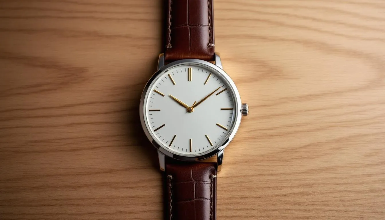 A classic men's wristwatch displayed elegantly on a wooden surface.