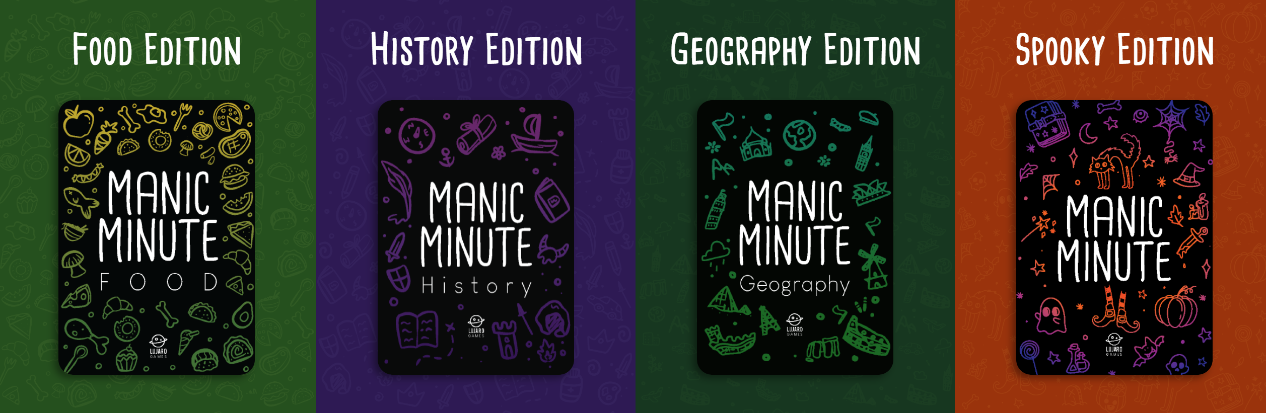 Manic Minute expansion packs: Food Edition, History Edition, Geographhy Edition and Spooky Edition
