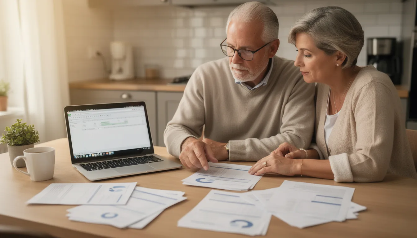 A senior couple sits at a kitchen table, reviewing financial documents and discussing their financial future. They appear engaged as they seek personalized advice on their financial goals and strategies, highlighting the importance of careful financial planning.