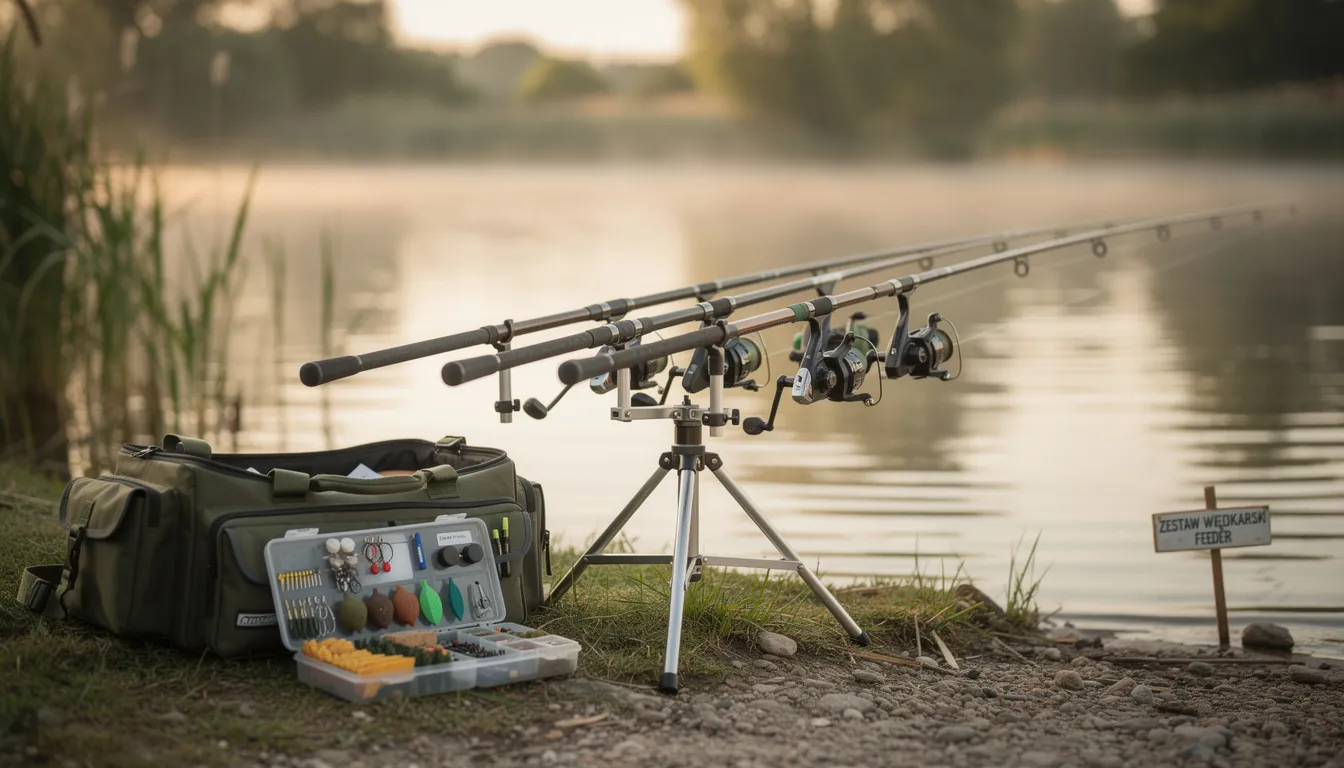 Na brzegu jeziora znajduje się zestaw wędkarski z wędkami feederowymi zamontowanymi na rod podzie, gotowy do łowienia ryb metodą gruntową. Wędkowanie gruntowe z użyciem odpowiedniego sprzętu i przynęt, takich jak kulki proteinowe, cieszy się ogromną popularnością wśród początkujących wędkarzy.