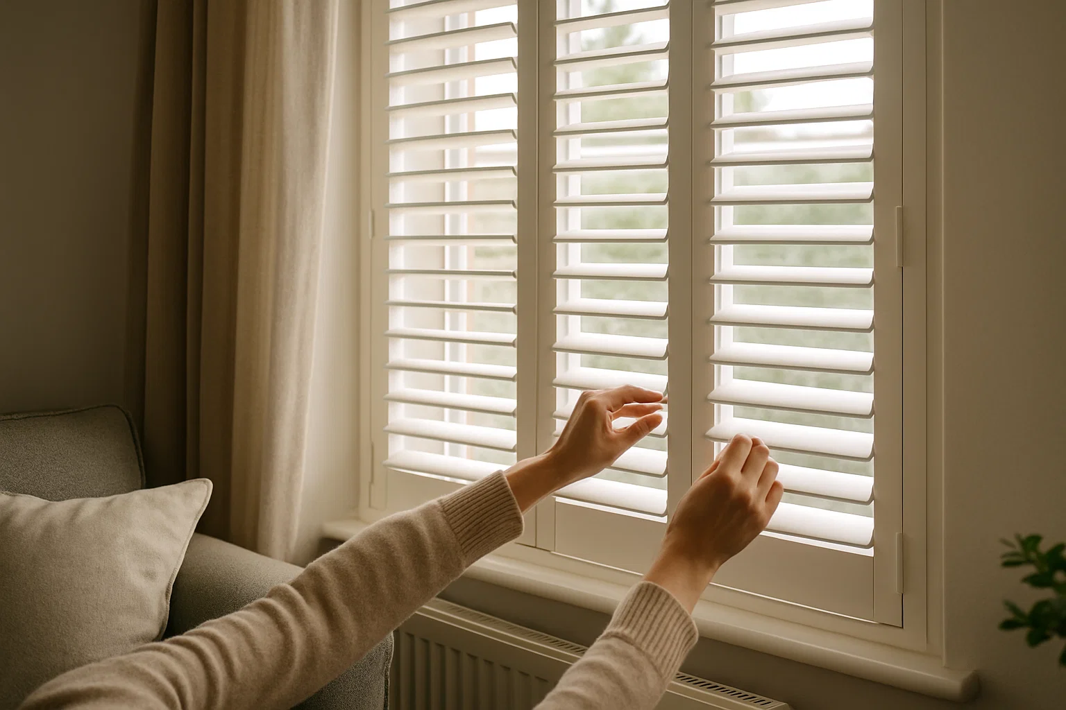 Hands adjusting plantation shutters in a UK living room