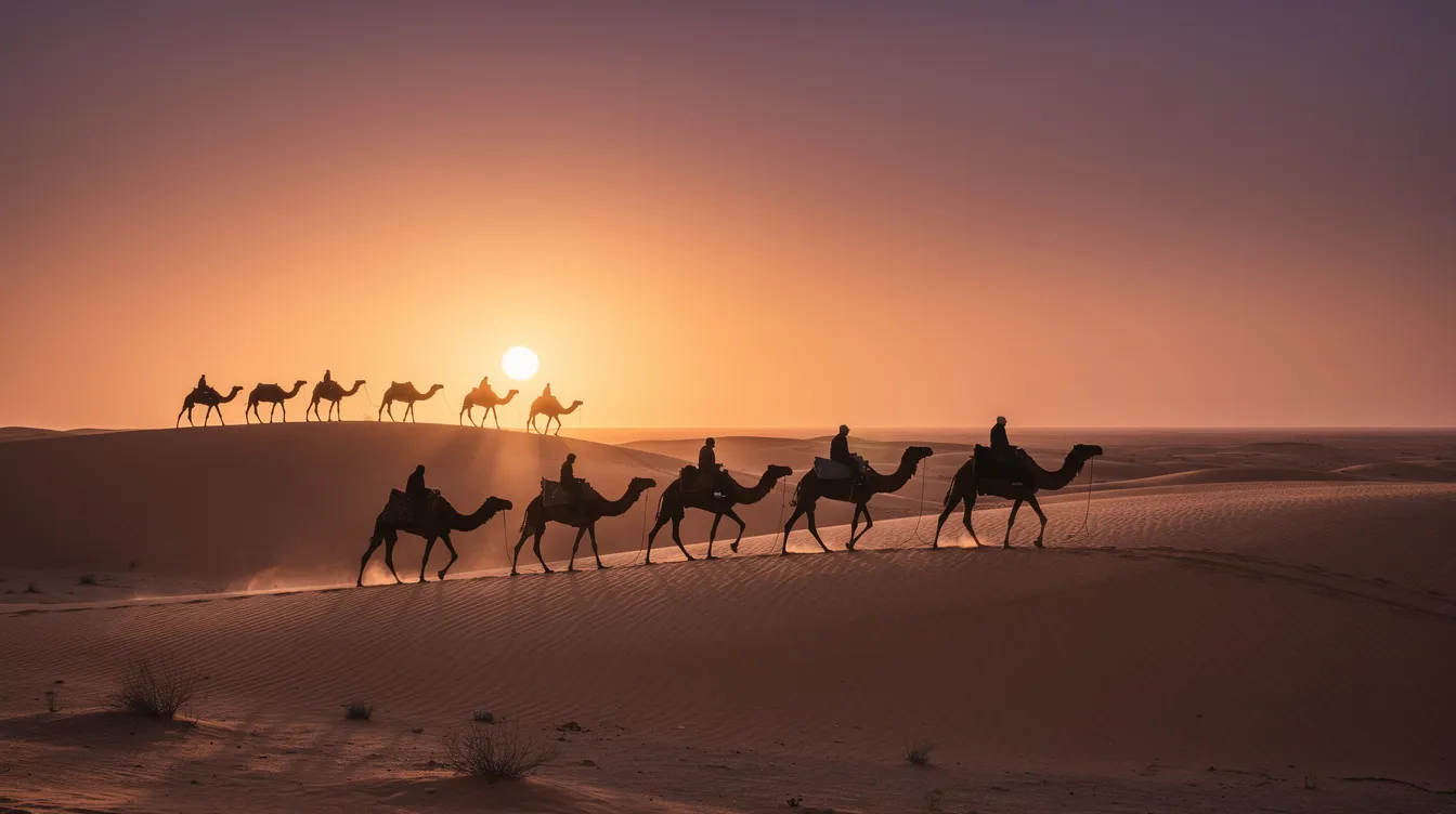 A striking silhouette of a camel caravan traverses the golden dunes of the Sahara Desert at sunset, creating a serene scene filled with the vastness of the landscape and the beauty of nature. This moment captures the essence of a desert trip, showcasing the incredible views and the magical atmosphere of the largest hot desert in the world.