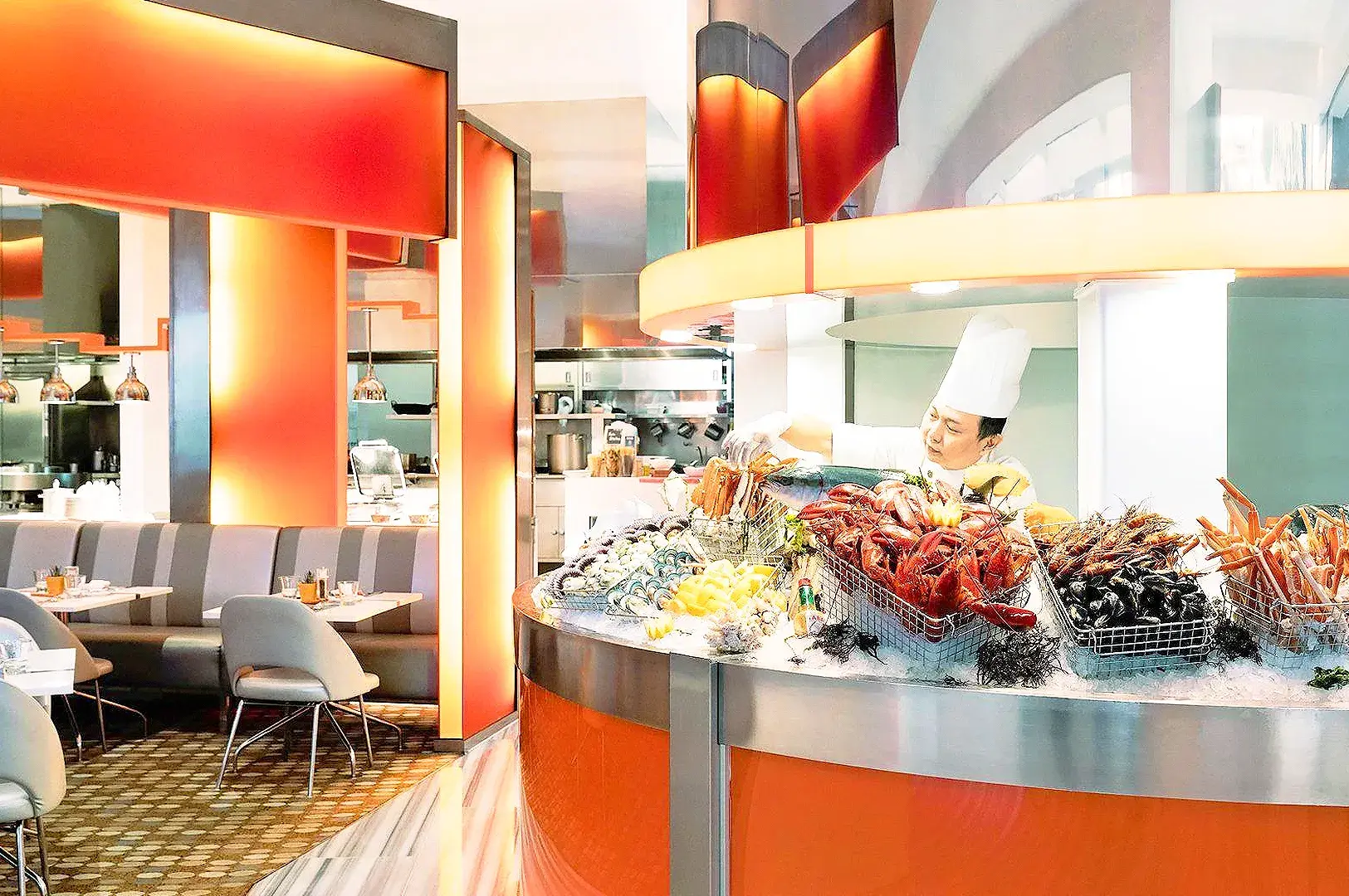 The Line at Shangri-La Singapore seafood buffet with lobster, oysters and fresh shellfish display