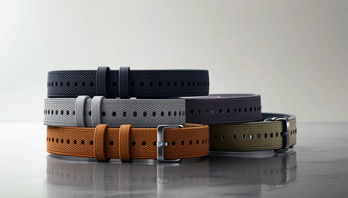 A selection of rubber straps in different colors and styles for Omega watches.
