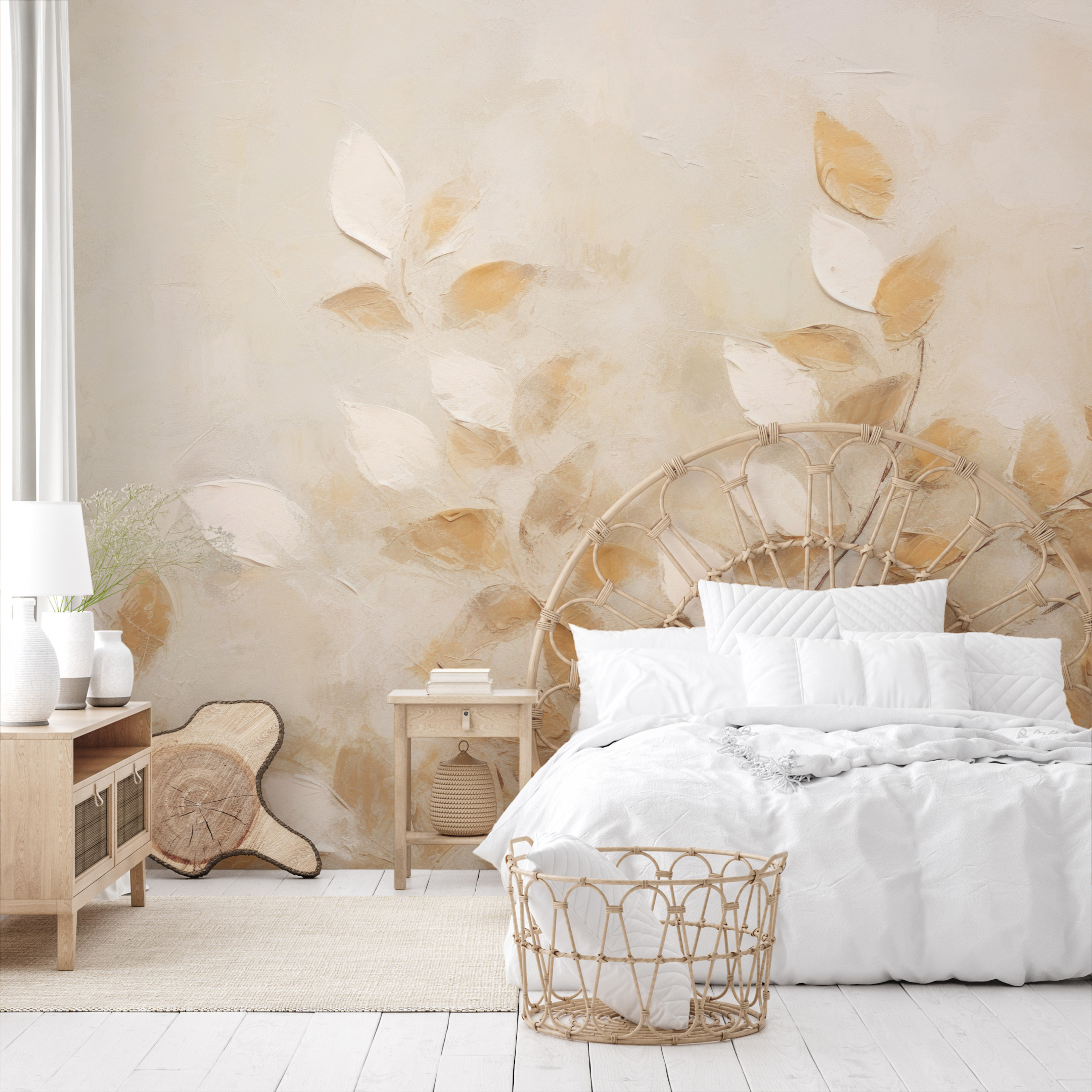 Golden Touch' is a photo wallpaper emanating the subtle glow of golden accents on leaves, thrown on a neutral background. It is a combination of nature with a bit of luxury, creating an atmosphere of sophistication and warmth. This pattern will perfectly complement elegant, contemporary spaces, adding character and a delicate shine.