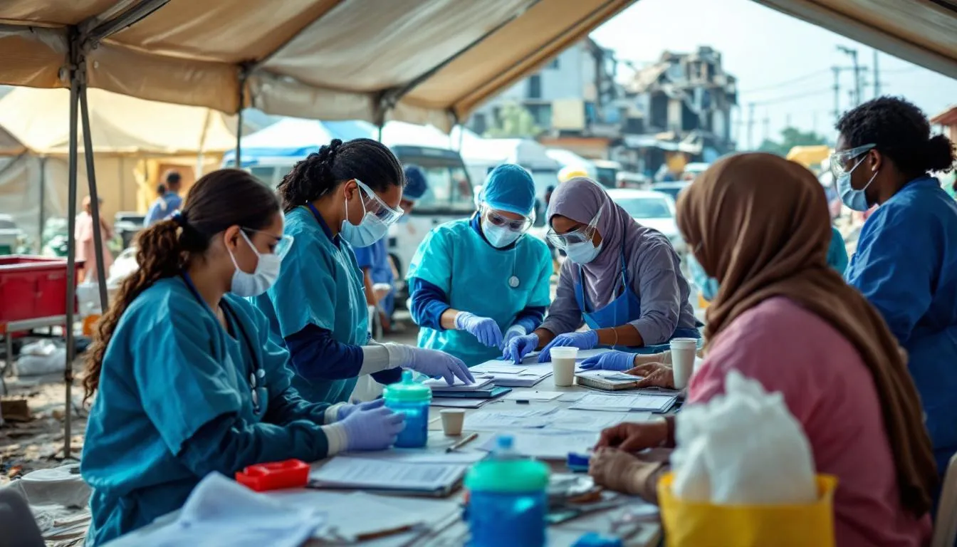 The image depicts healthcare workers from several countries collaborating during a health emergency, sharing important documents and strategies to respond quickly to infectious diseases like the coronavirus and influenza viruses. Their teamwork highlights the global effort in public health to prepare for future pandemics and disease outbreaks.