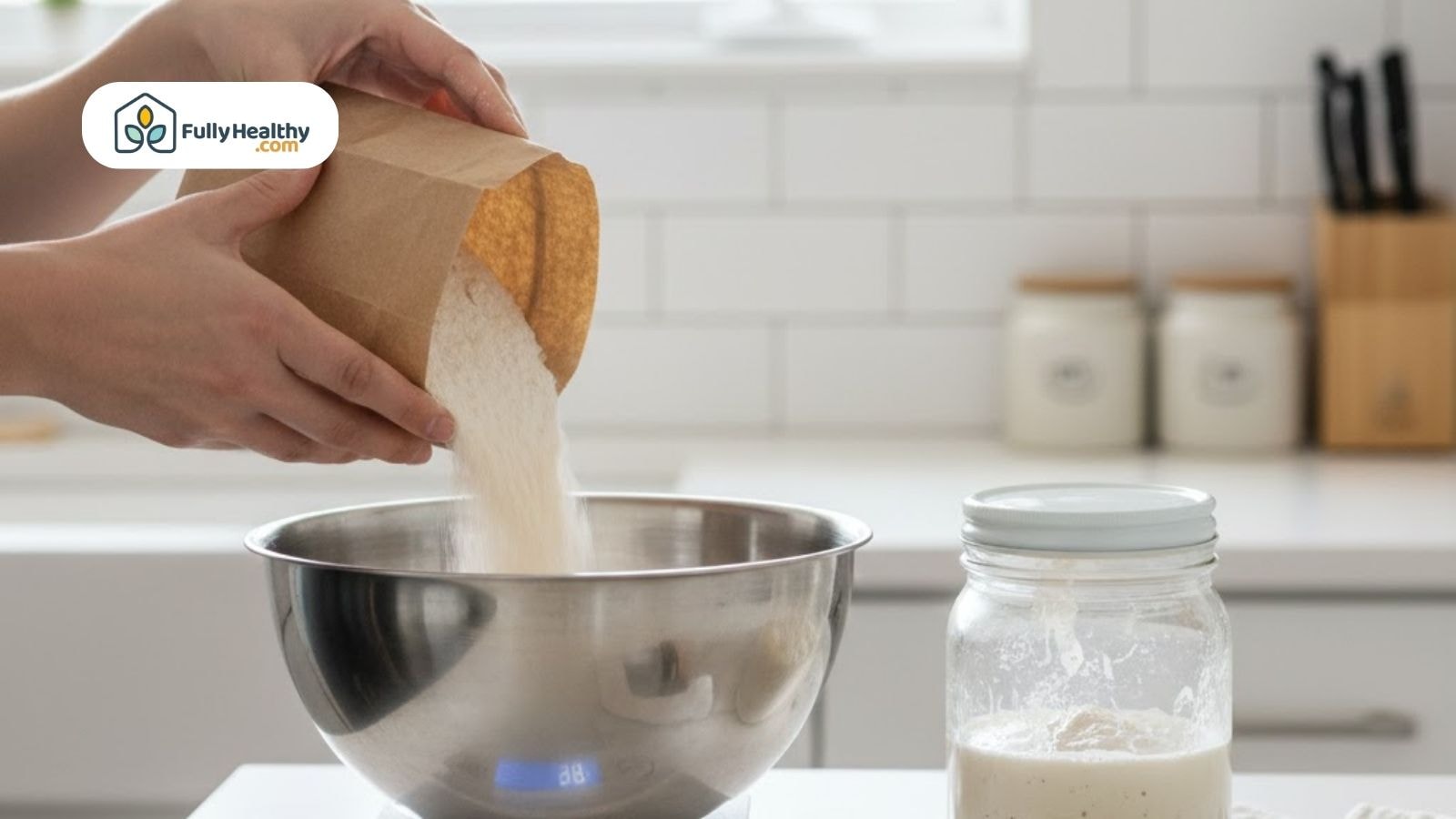Pouring flour into mixing bowl beside sourdough starter jar on counter
