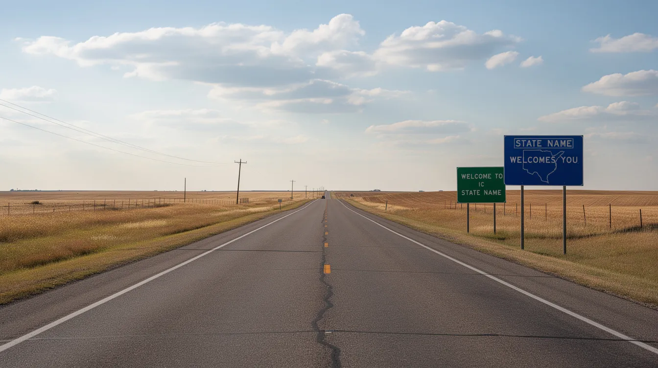 The image depicts a long, straight road cutting through a flat Midwestern landscape, with state border signs visible on either side, symbolizing the movement and regulations surrounding gun laws and safety policies in Minnesota. This scene reflects the relatively low firearm violence in the area, as well as the importance of state permits and laws for gun owners.