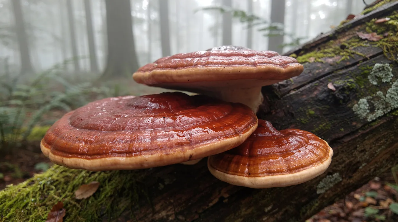A close-up view of red-brown reishi mushrooms, known for their health benefits, is featured growing naturally on a fallen hardwood log in a misty forest. These medicinal mushrooms, scientifically referred to as Ganoderma lucidum, are often used in mushroom supplements for their potential to support the immune system and promote overall wellness.
