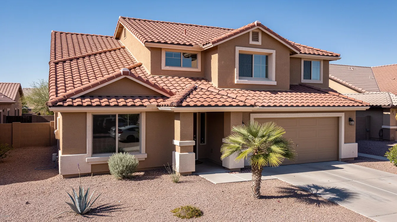 The image depicts a two-story stucco home in Phoenix, showcasing a complex tile roof with multiple valleys and hip ridges. The intricate design of the tile roofs highlights the potential need for roof inspection and underlayment replacement to prevent issues like roof leaks and water damage.