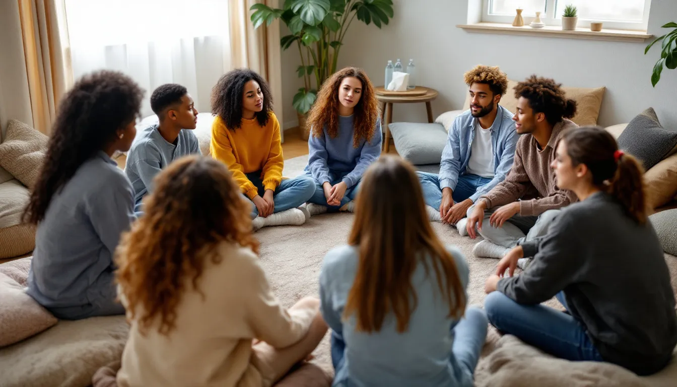 A diverse group of teenagers sits in a circle during a supportive group therapy session, engaging in open dialogue to promote mental health and address common mental health disorders. The atmosphere is warm and inviting, fostering emotional well-being among the young participants as they share their experiences and support one another.