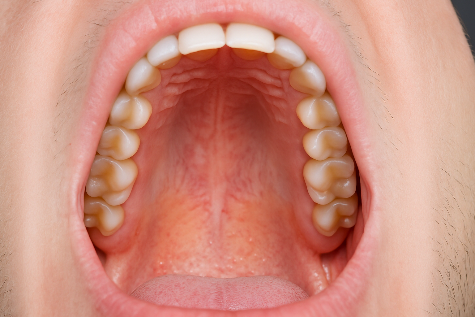 Åpent menneskelig gap med tydelig synlig gane, tenner og tunge, viser detaljene i munnhulens øvre struktur.