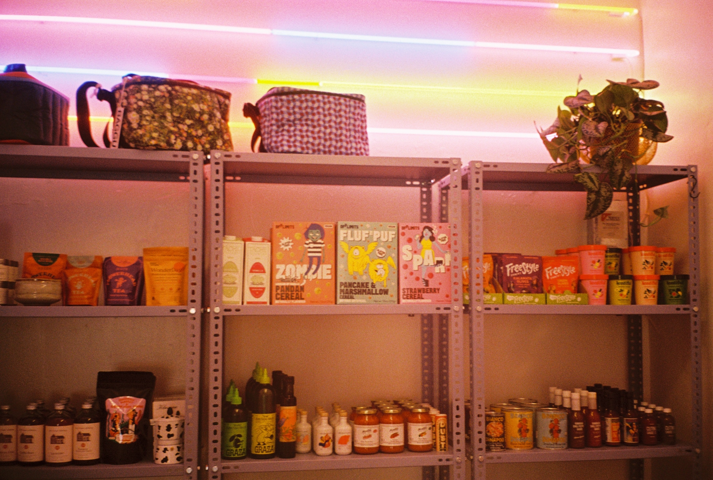 Monsoon Market shelves stocked with snacks and pantry products of all kinds, from all over the world. 