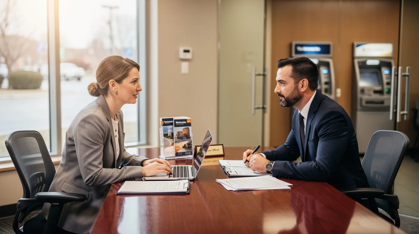 afd3fa81 0356 4136 b1f1 3dff9ead6c5e The image shows a small business owner discussing their mudra loan application with a bank officer at a desk inside a bank branch, highlighting the importance of a clear business plan and credit history for loan approval. The setting emphasizes the supportive role of banks in facilitating financial assistance for micro and small enterprises.
