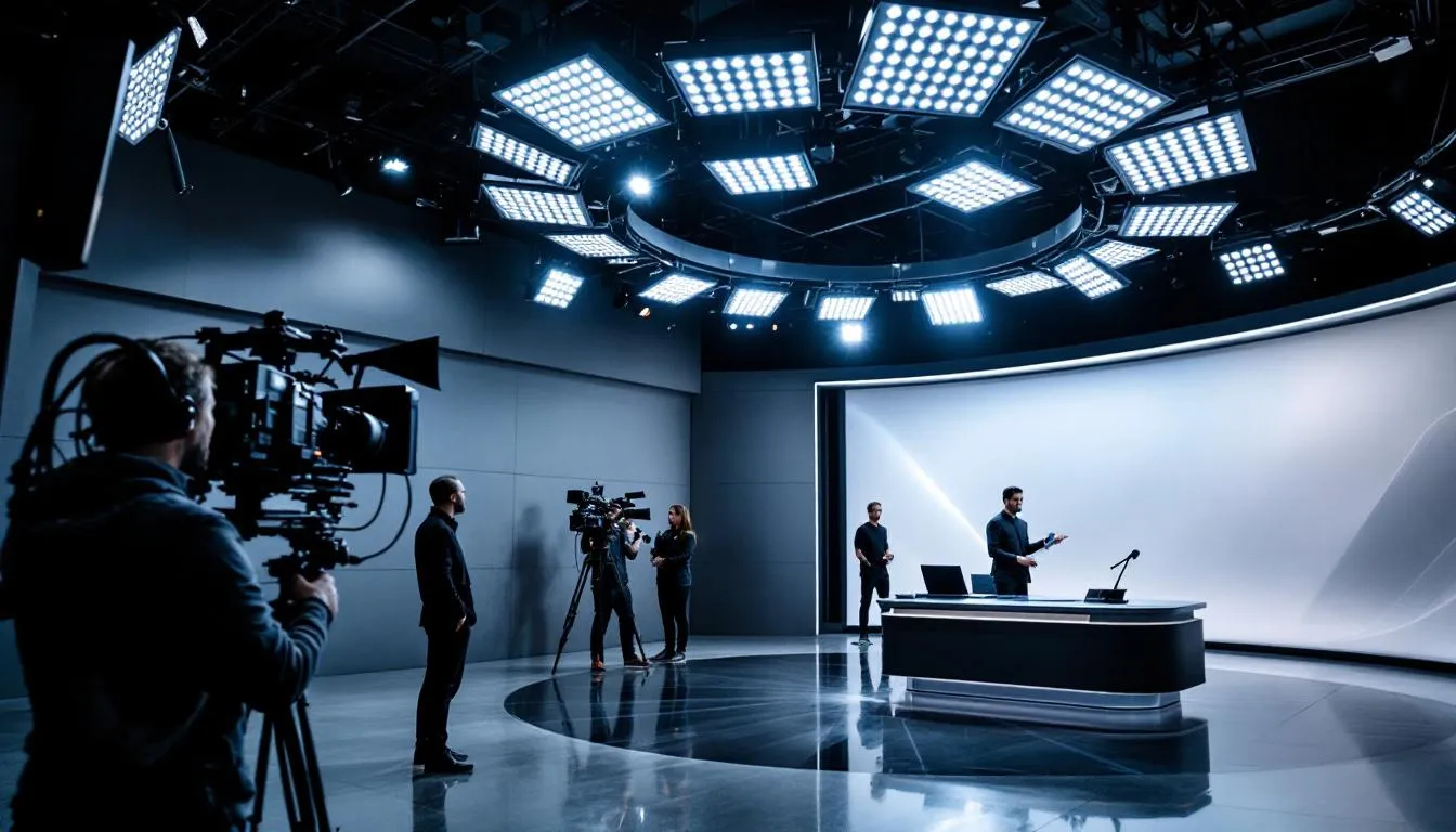 In the image, a modern television studio is depicted, featuring a professional lighting setup that enhances the vibrant atmosphere. The studio is designed for dance performances, possibly related to shows like "Let's Dance," showcasing a blend of standard and Latin dance styles.