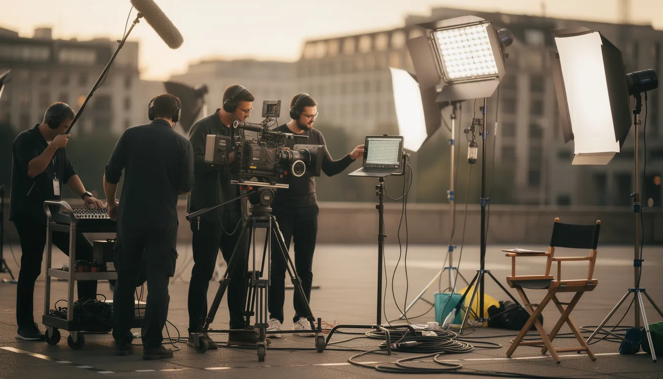 A video production crew is on location, equipped with professional cameras, monitors, and lighting gear, demonstrating the professionals' commitment to achieving remarkable results in the visual world. The scene captures the teamwork and creativity involved in the process of creating high-quality video content.