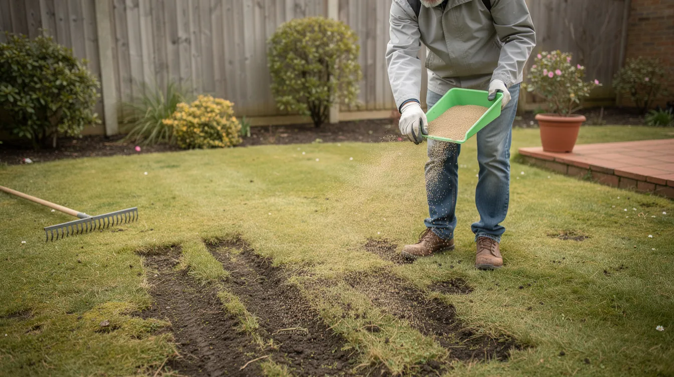 A man is overseeding his small UK garden by hand, carefully spreading new grass seed over the existing lawn to promote a healthy lawn. He focuses on ensuring good seed-to-soil contact in bare patches and thinning areas, demonstrating effective lawn care techniques for optimal growth.