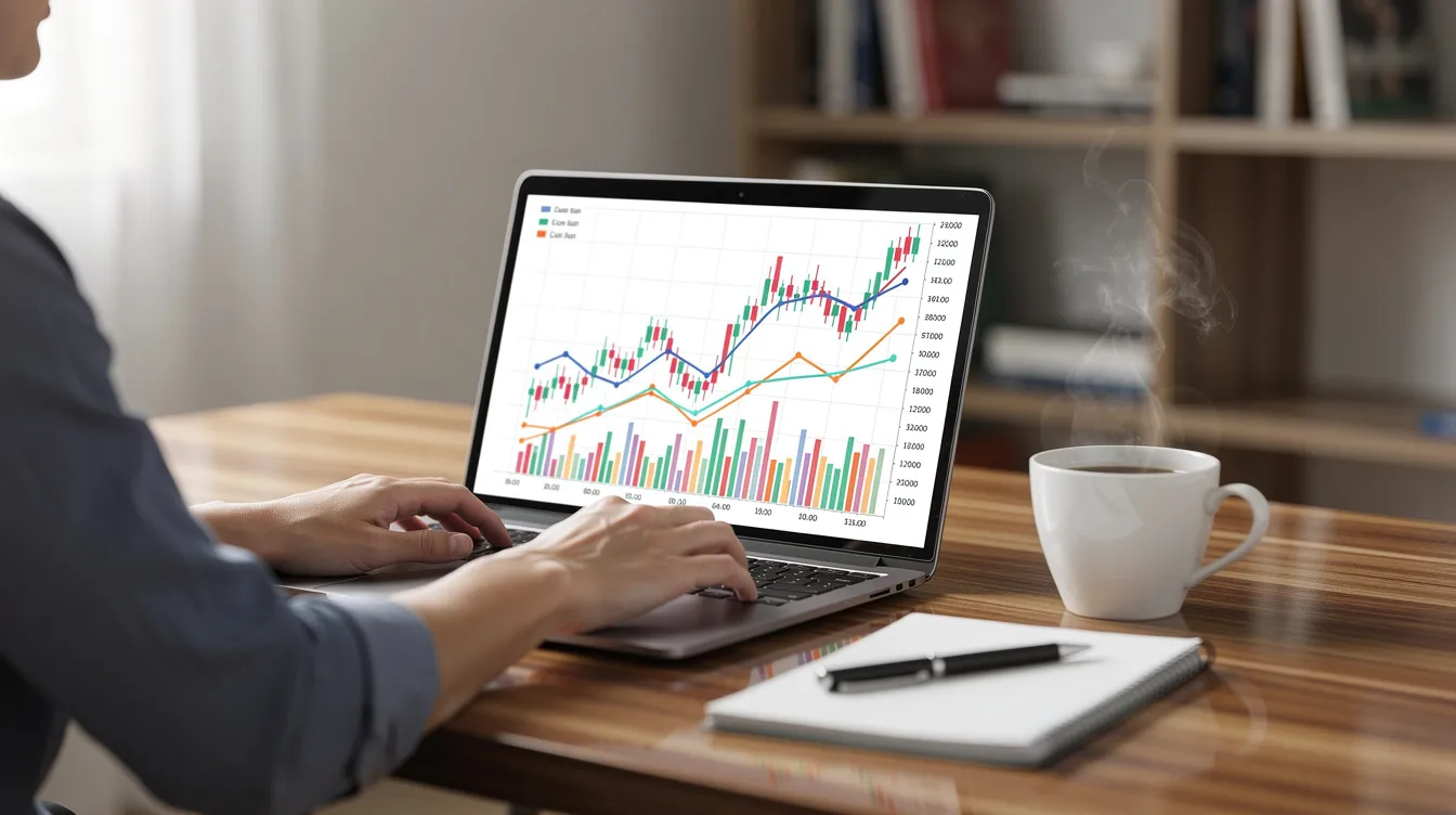 A person is seated at a wooden desk, intently reviewing financial charts on their laptop, with a coffee cup placed nearby. This scene reflects the process of analyzing investment options, such as foreign investments and rental income, while considering the implications of capital gains tax and tax efficiency in Spain.