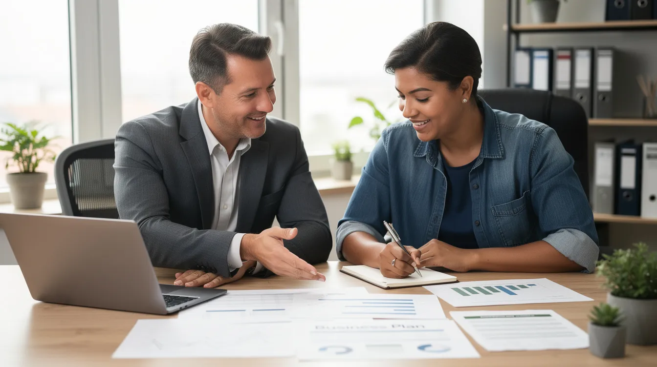 The image depicts a professional advisor and a small business owner collaborating at a desk, reviewing various documents such as a loan application form and bank statements. They are discussing options for business loans, including the Mudra loan scheme, to help the business owner secure the necessary funding for growth.