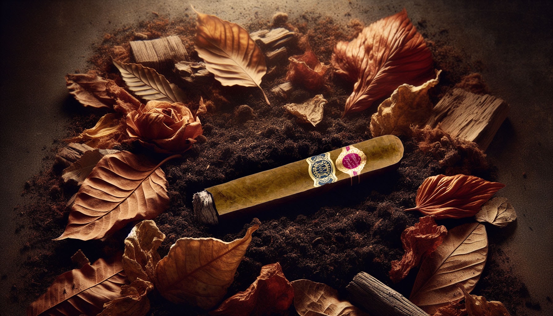 An artistic depiction of earthy notes in cigars, featuring a cigar surrounded by natural elements.