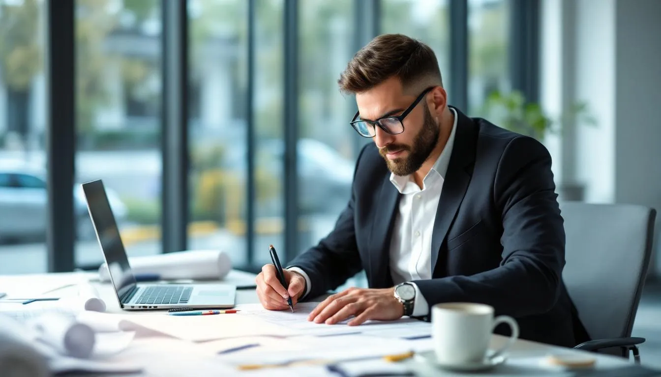 An experienced architect is seen at a desk, meticulously stamping and signing construction documents, which are essential for preparing construction drawings and ensuring compliance with building codes. The scene highlights the technical skills and responsibilities of a licensed architect within an architectural firm, emphasizing their role in managing complex projects.