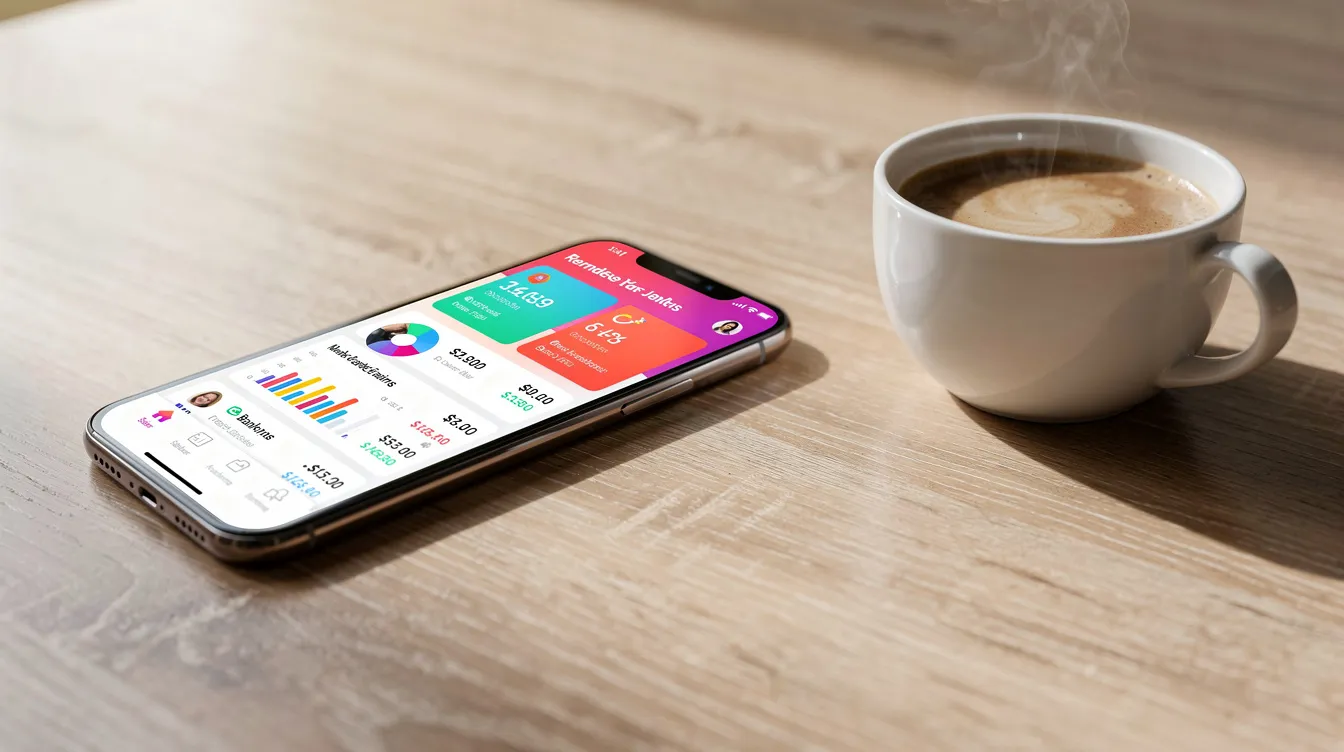 The image shows a smartphone displaying a vibrant banking app dashboard, featuring various banking services such as account balances and international money transfers, placed on a wooden desk next to a steaming coffee cup. This scene reflects the convenience of digital banking and mobile banking options offered by Turkey's leading private banks.