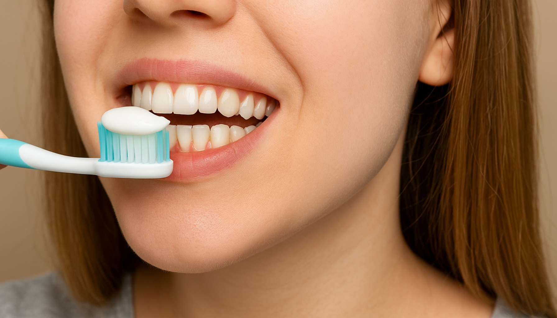 Perikoronitt: Når visdomstannen skaper betennelse 20 Nærbilde av ung kvinne som pusser tennene med tannkrem, fokus på hvite tenner og frisk munnhelse.
