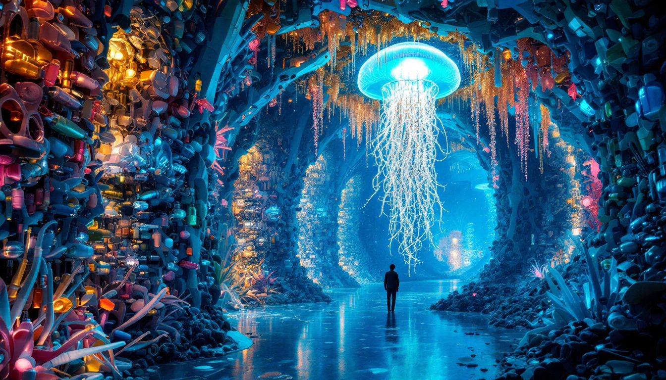 Infographic showing facts about plastic pollution and its impact on marine ecosystems.