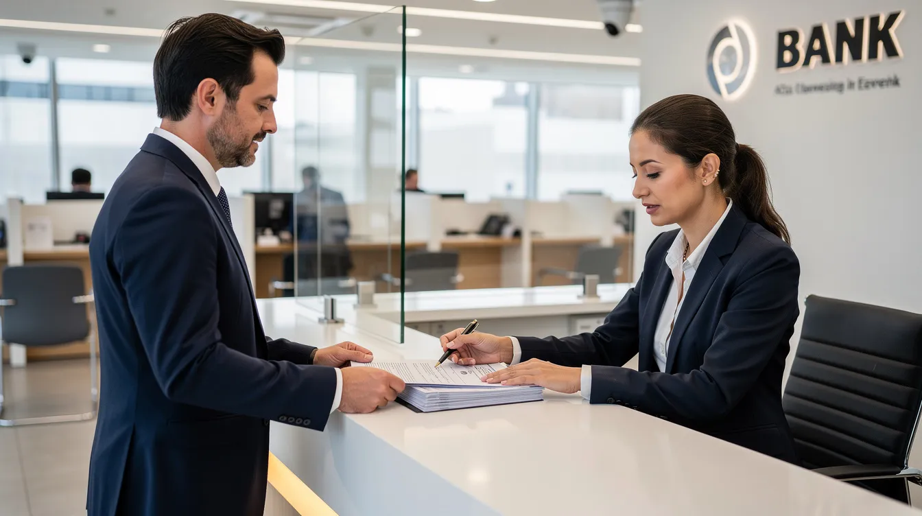 A person is standing at a bank counter, engaging in a discussion with a bank officer about various documents required for a loan application, including bank statements and address proof. The scene highlights the process of applying for personal loans, such as mudra loans, with an emphasis on the necessary paperwork for eligibility and funding.
