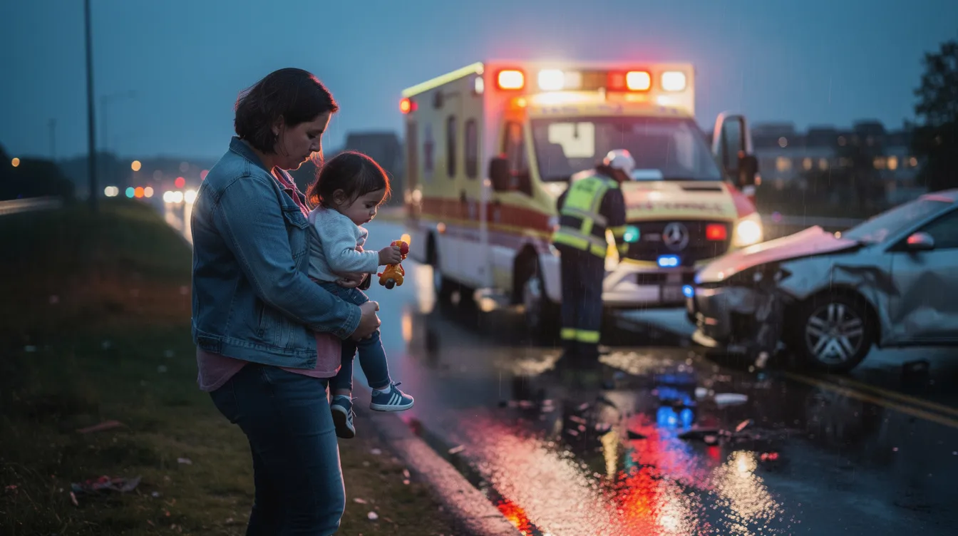 A parent is holding a child's hand near an ambulance following a roadway crash, highlighting the urgent need for medical attention after the child suffered injuries in a car accident. This scene underscores the importance of seeking legal representation from a child injury lawyer to navigate personal injury claims and ensure the child's financial future and health are protected.