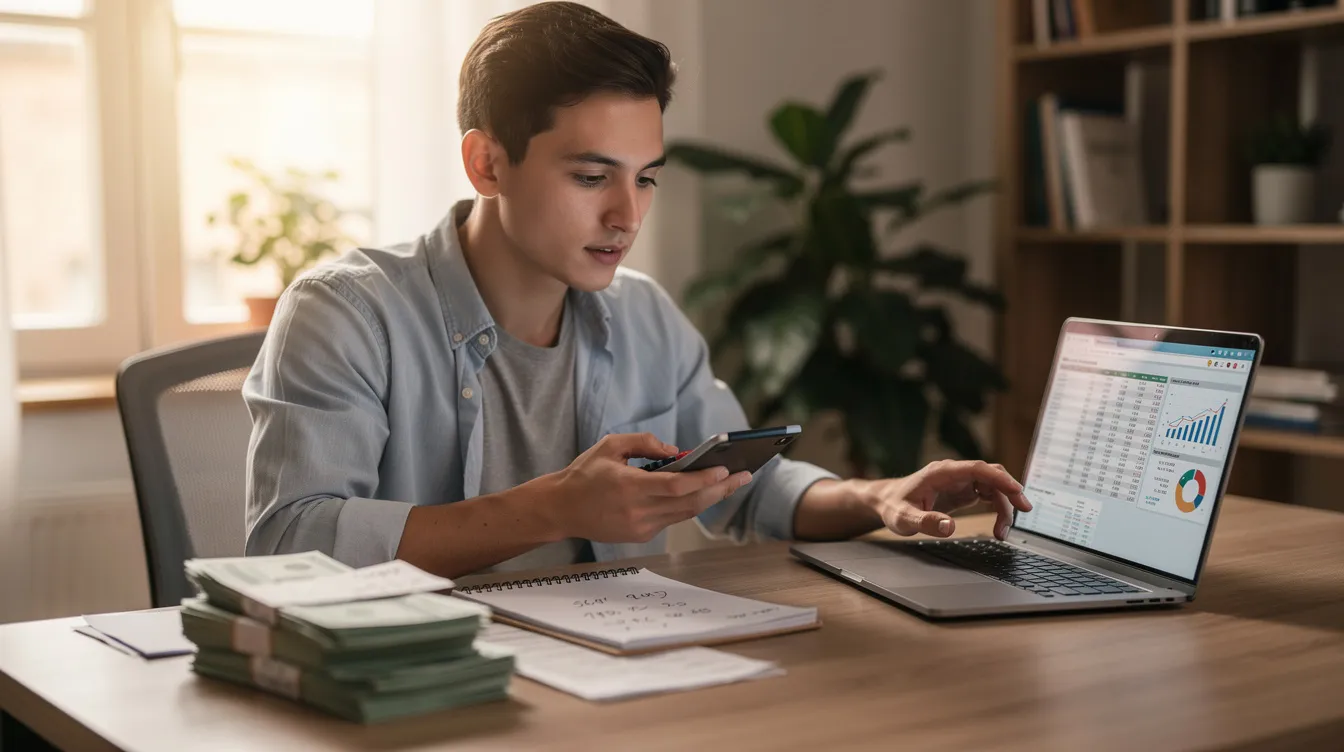 A person is seated at a home desk, using a calculator in one hand while typing on a laptop with the other, as they compare various financial options. The scene reflects a focused atmosphere, suitable for 公務員 的 新入 職 planning for the upcoming dates in 2026 年.