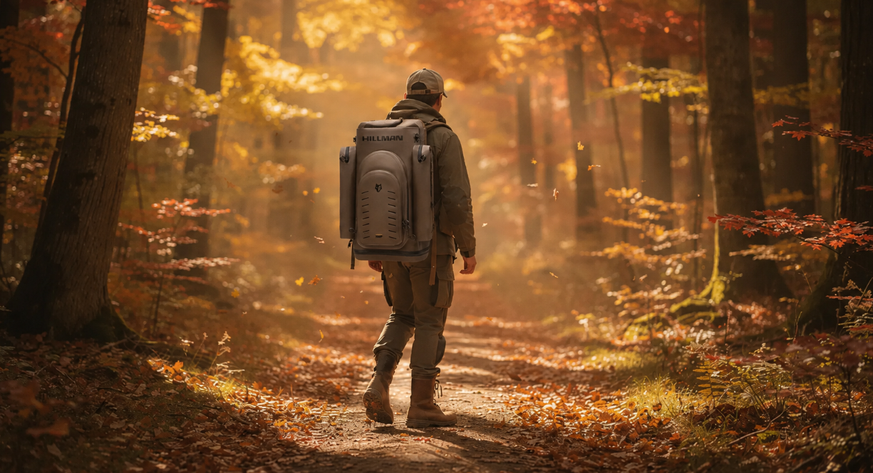 Eine Person wandert auf einem herbstlichen Waldweg, ausgestattet mit robusten Jagdstiefeln und einem Rucksack. Die bunten Blätter um sie herum zeugen von der Jahreszeit und bieten einen malerischen Hintergrund für ihren Ausflug in die Natur.