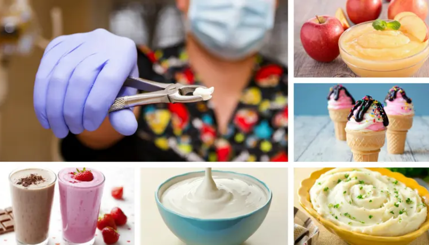 "Kollasj som viser tannlege som trekker tann, samt myk mat som yoghurt, smoothie, eplemos, is og potetmos anbefalt etter tanntrekking."