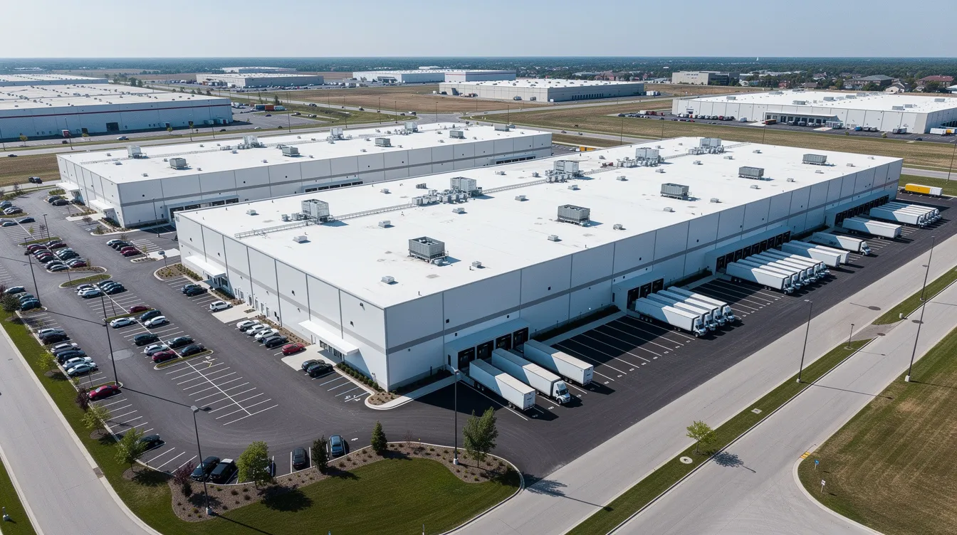 afec1d09 cd36 4eec 9fc5 3b9150598192 The image shows an aerial view of a modern industrial food manufacturing facility, featuring loading docks and a spacious parking area, indicative of a large-scale ice cream plant setup. This facility is designed for efficient ice cream manufacturing, highlighting its potential for high production capacity and streamlined logistics.