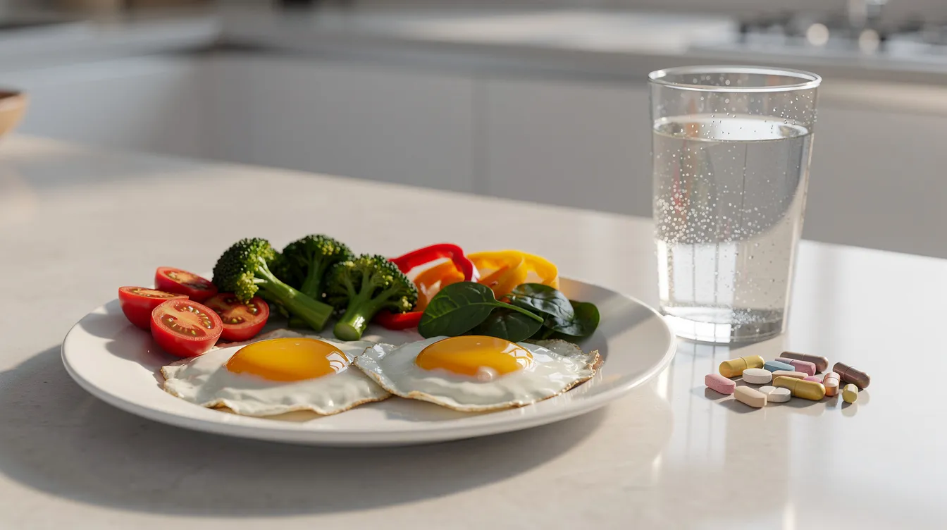A healthy breakfast plate featuring scrambled eggs and colorful vegetables is placed on a kitchen counter, accompanied by a glass of water and several supplement capsules. This nutritious meal supports muscle growth and overall well-being, while the natural testosterone booster supplements aim to enhance energy levels and hormone balance.