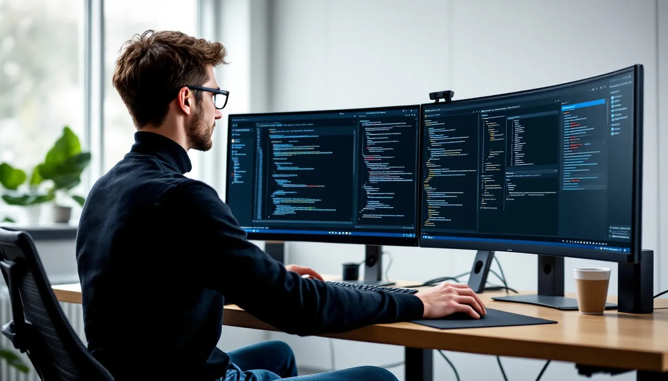 A database administrator is seated in front of multiple monitors displaying various database management interfaces, including tools for managing data security and virtual databases. The screens show information related to Oracle databases and the Delphix virtualization engine, emphasizing the importance of efficient data management and performance in both production and non-production environments.
