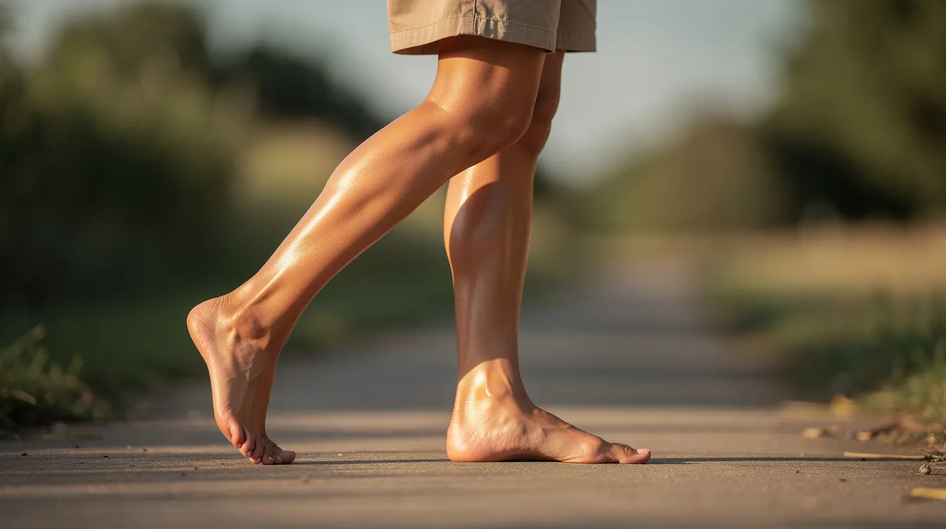 A close-up view of smooth legs walking outdoors in natural light, showcasing the skin's firmness and youthful appearance. The image highlights the importance of skin elasticity and collagen production in maintaining toned thighs and addressing concerns like sagging skin.