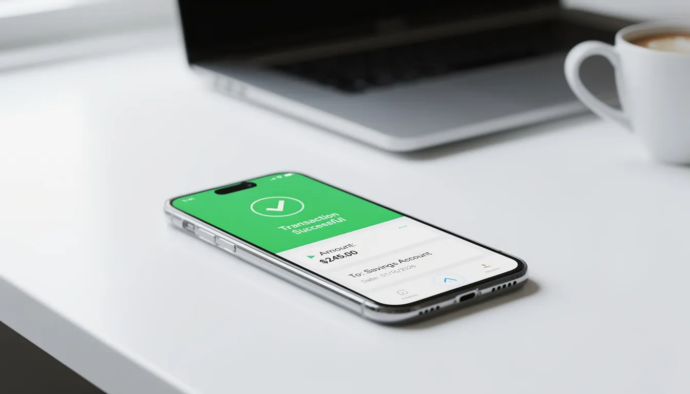 En smartphone visas med en mobilbankapp öppen, där en notifikation om en lyckad transaktion syns. Appen erbjuder möjligheter för insättningar och uttag, vilket kan vara användbart för spelare hos mega riches casino.