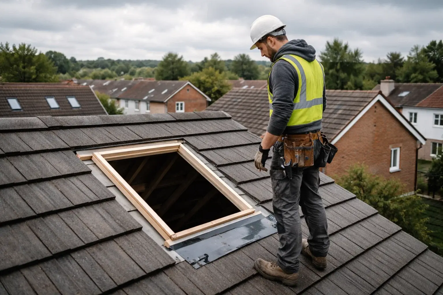 Roofer assessing roof for Velux window installation in Bolton