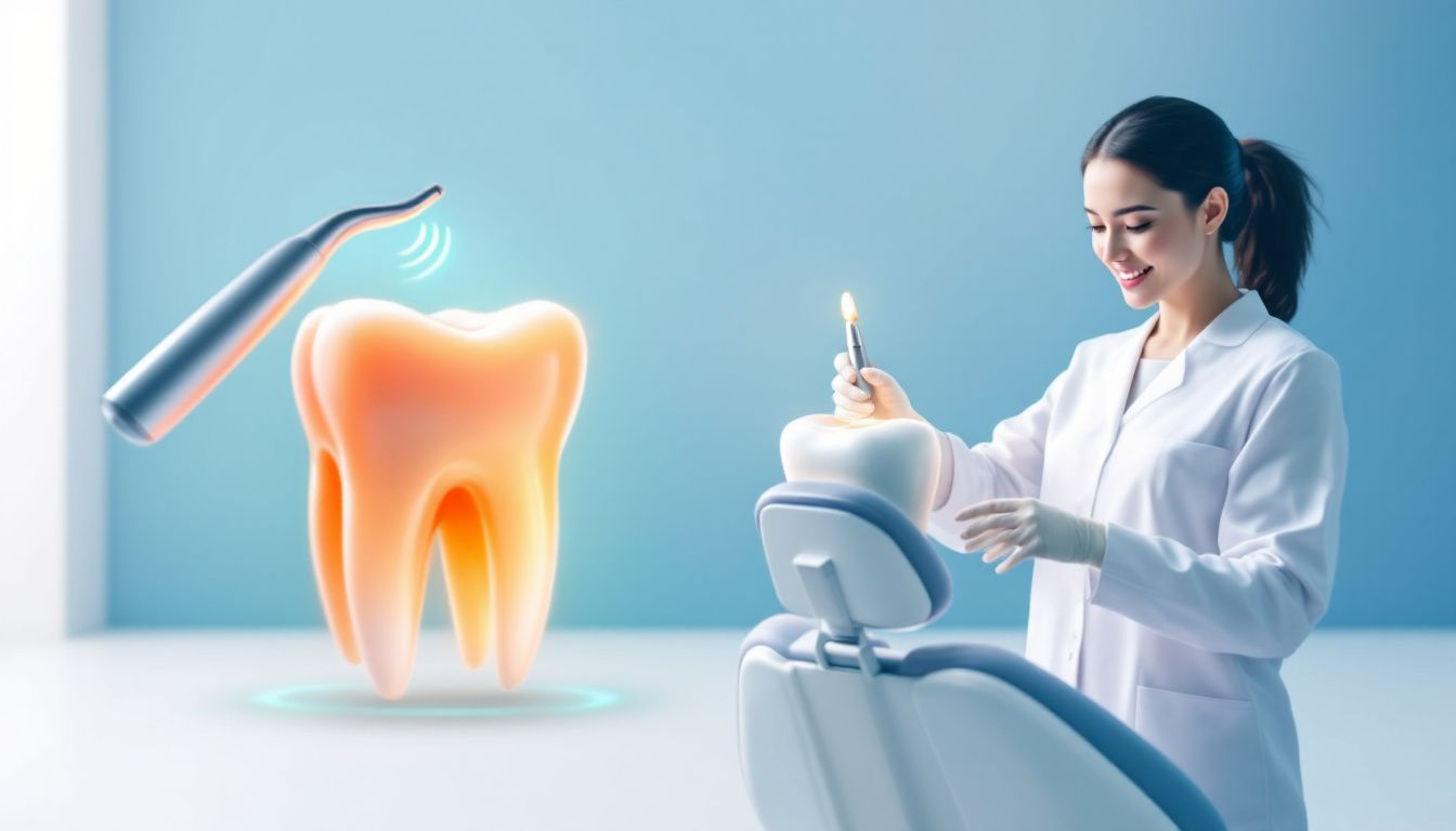 A dental hygienist demonstrating common procedures in professional dental cleaning.