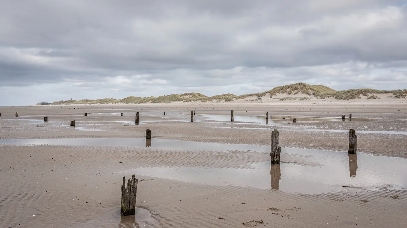 Ein weites Panorama zeigt einen flachen Sandstrand bei niedrigem Wasserstand, umgeben von Dünen im Hintergrund. Einzelne Holzpfähle ragen aus dem Sand, während der bewölkte Himmel über der Küste von Dünkirchen schwebt, einem historischen Schauplatz der Kriegsereignisse.