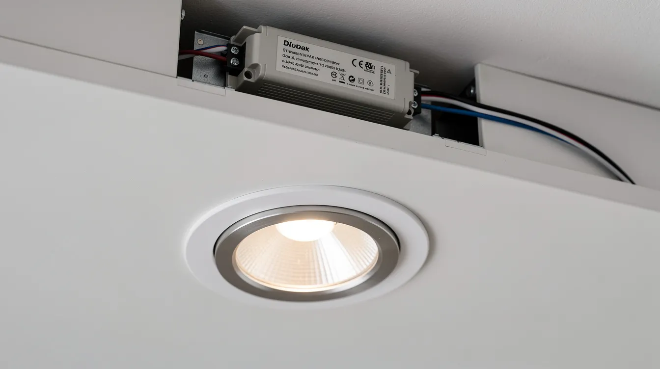 En modern infälld LED-spotlight är installerad i ett vitt innertak, där ett synligt drivdon finns bakom panelen. Denna lampa erbjuder effektiv belysning och är en del av ett brett sortiment av reservdelar och tillbehör för olika typer av lampor.