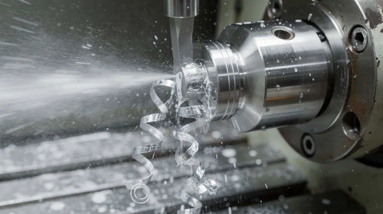 A close-up view of a CNC lathe machine in operation, showcasing a shiny metal shaft being cut with a stationary cutting tool. Coolant spray and metal chips are visible, highlighting the precision CNC turning process used to manufacture cylindrical parts with excellent surface finish and tight tolerances.