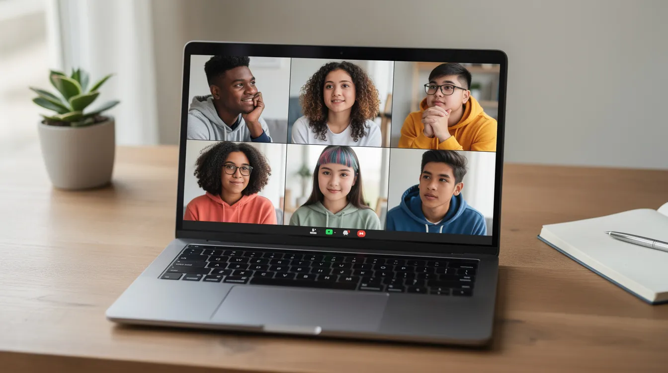 The image shows a diverse group of teenagers engaged in a virtual group therapy session on a laptop screen, highlighting the accessibility of online therapy services for mental health support. Each participant appears attentive and supportive, reflecting the importance of connecting with mental health professionals in a digital format.